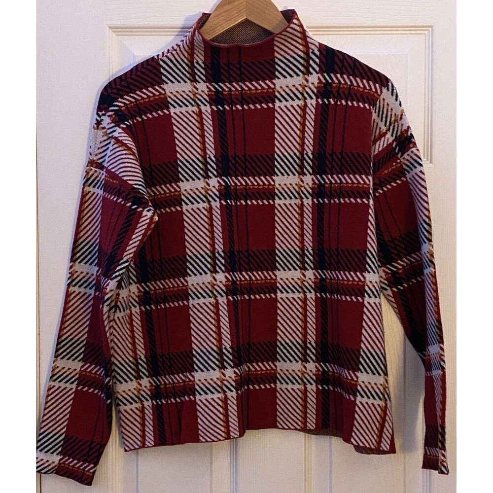 Tahari Red Plaid Mock Neck Pullover Sweater size Large Tartan